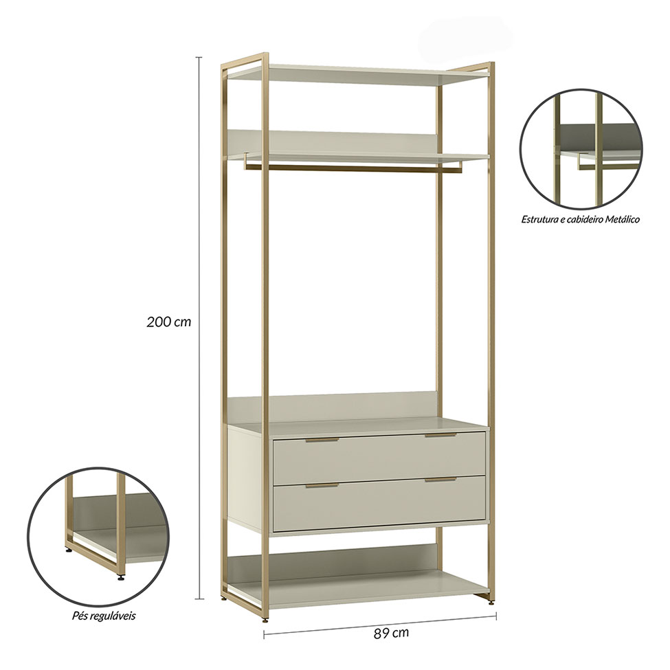 Guarda-Roupa Closet Industrial Mital com Cabideiro 2 GV Off White e Dourado