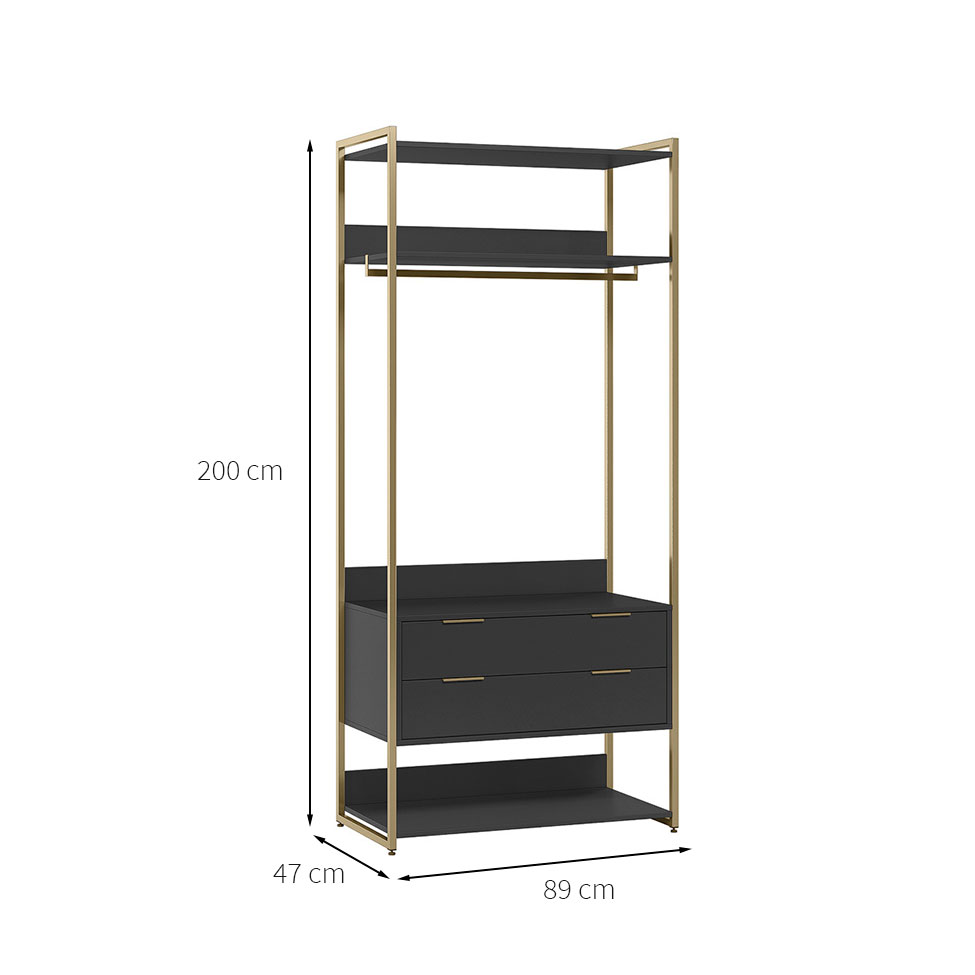 Guarda-Roupa Closet Industrial Mital com Cabideiro 2 Gavetas Preto e Dourado