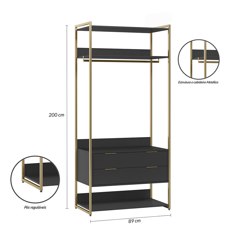 Guarda-Roupa Closet Industrial Mital com Cabideiro 2 Gavetas Preto e Dourado