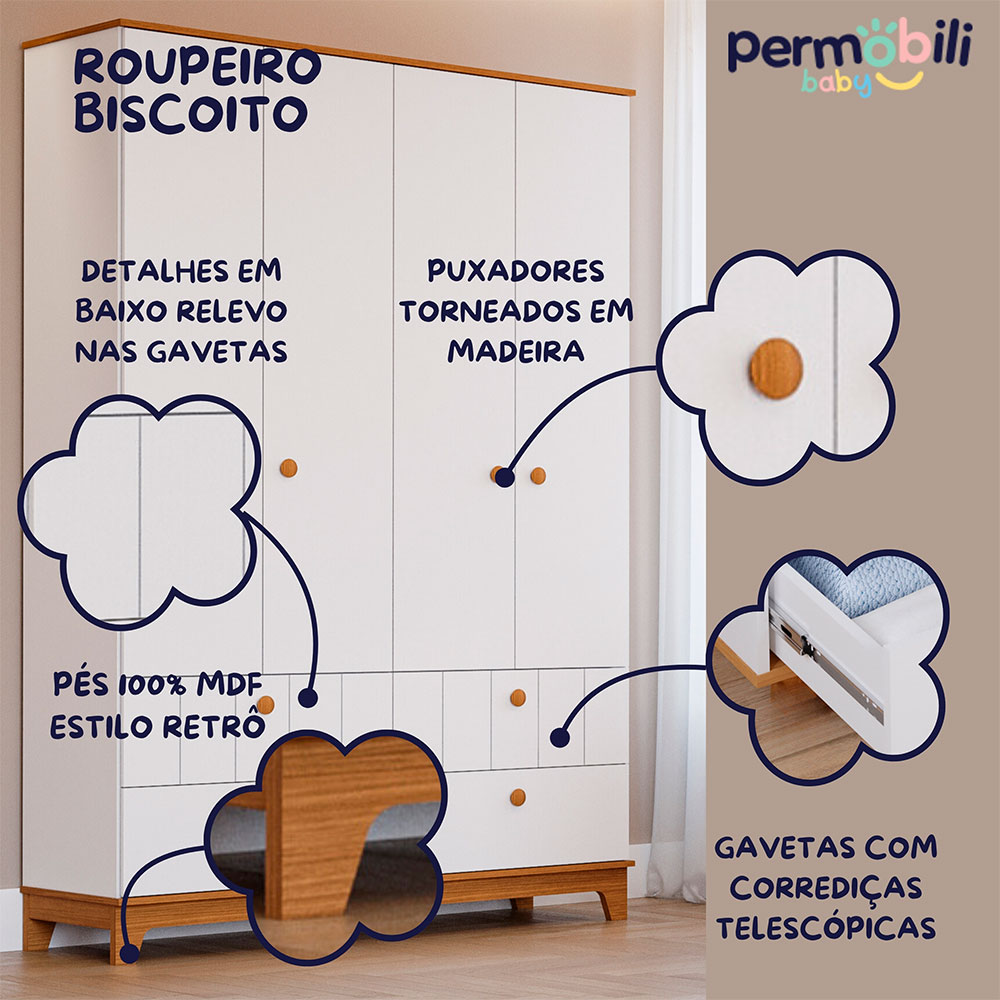 Guarda-Roupa Infantil Biscoito 4 PT 4 GV Branco e Nature