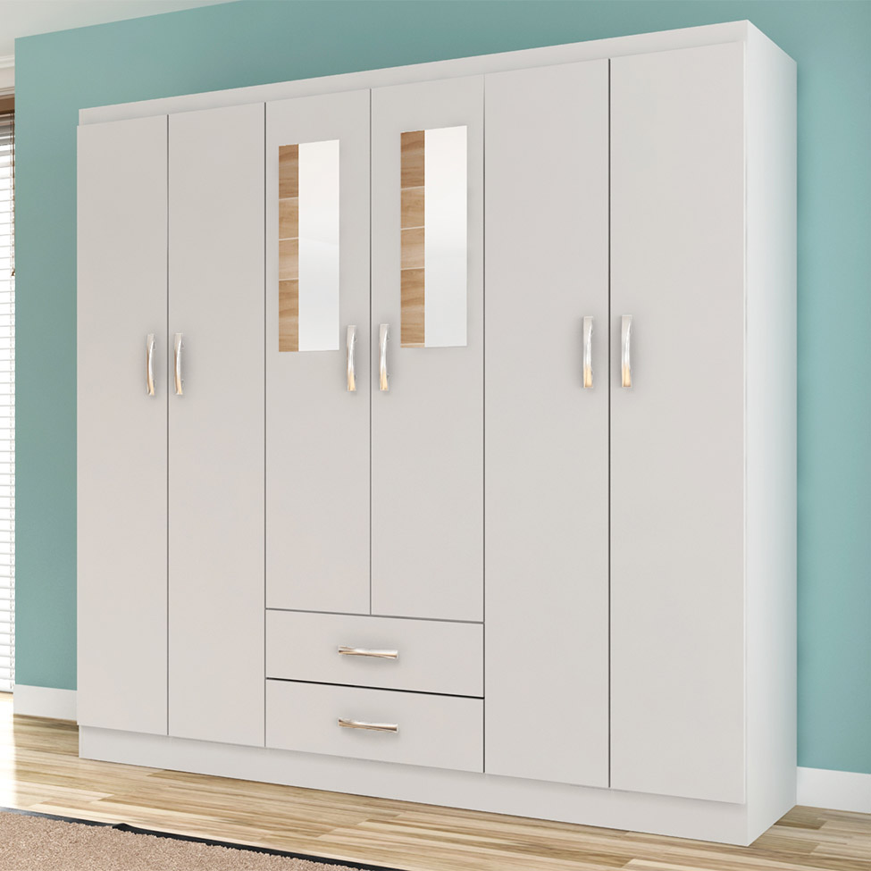 Guarda-Roupa Solteiro com Espelho Havana I 6 Portas Branco