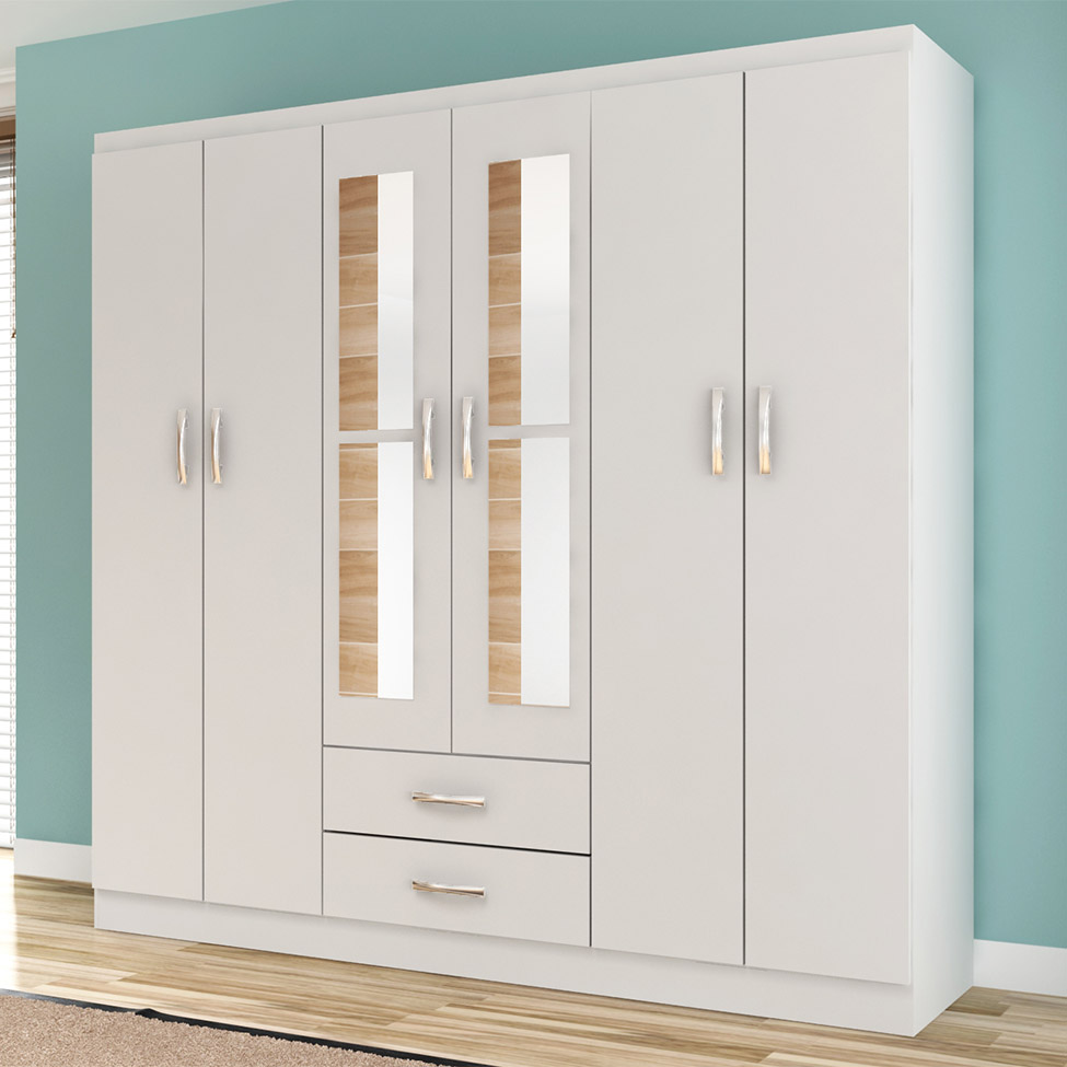 Guarda-Roupa Solteiro com Espelho Havana II 6 Portas Branco