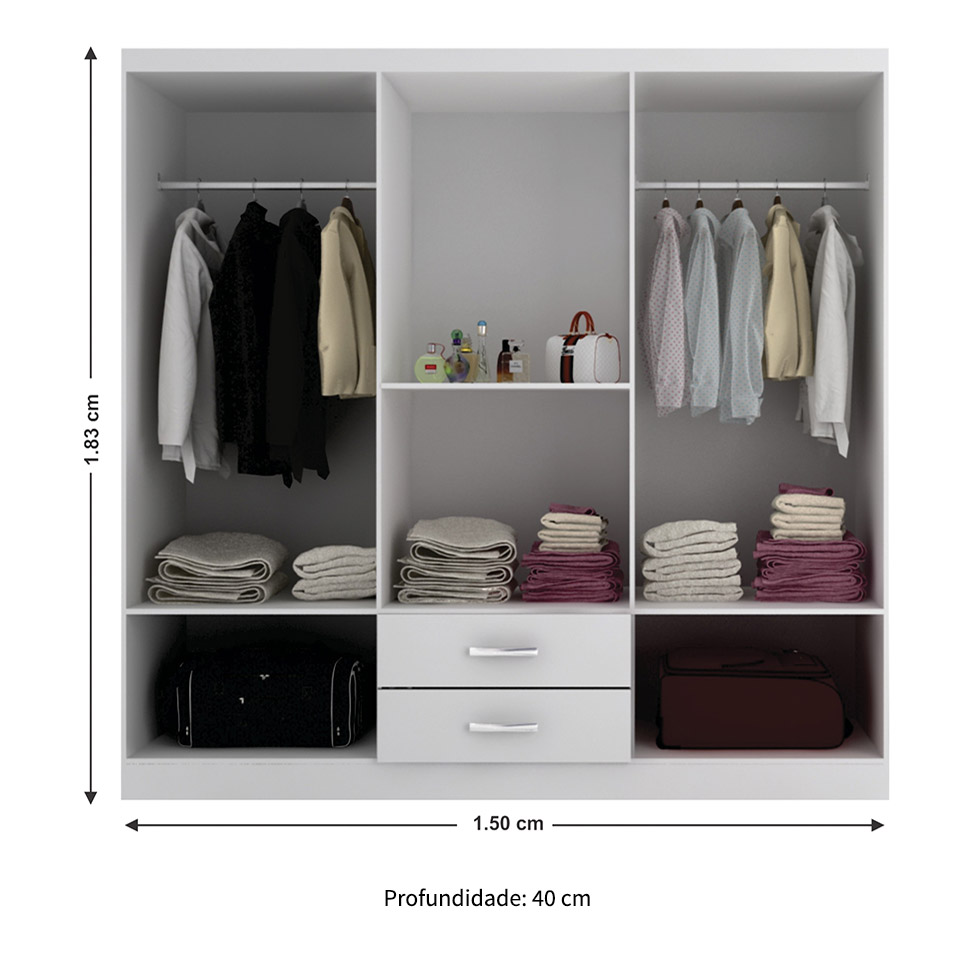 Guarda-Roupa Solteiro com Espelho Havana II 6 Portas Branco