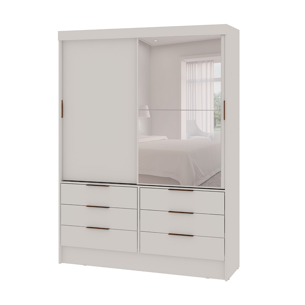 Guarda-Roupa Solteiro com Espelho Irati 2 Portas 6 Gavetas Branco
