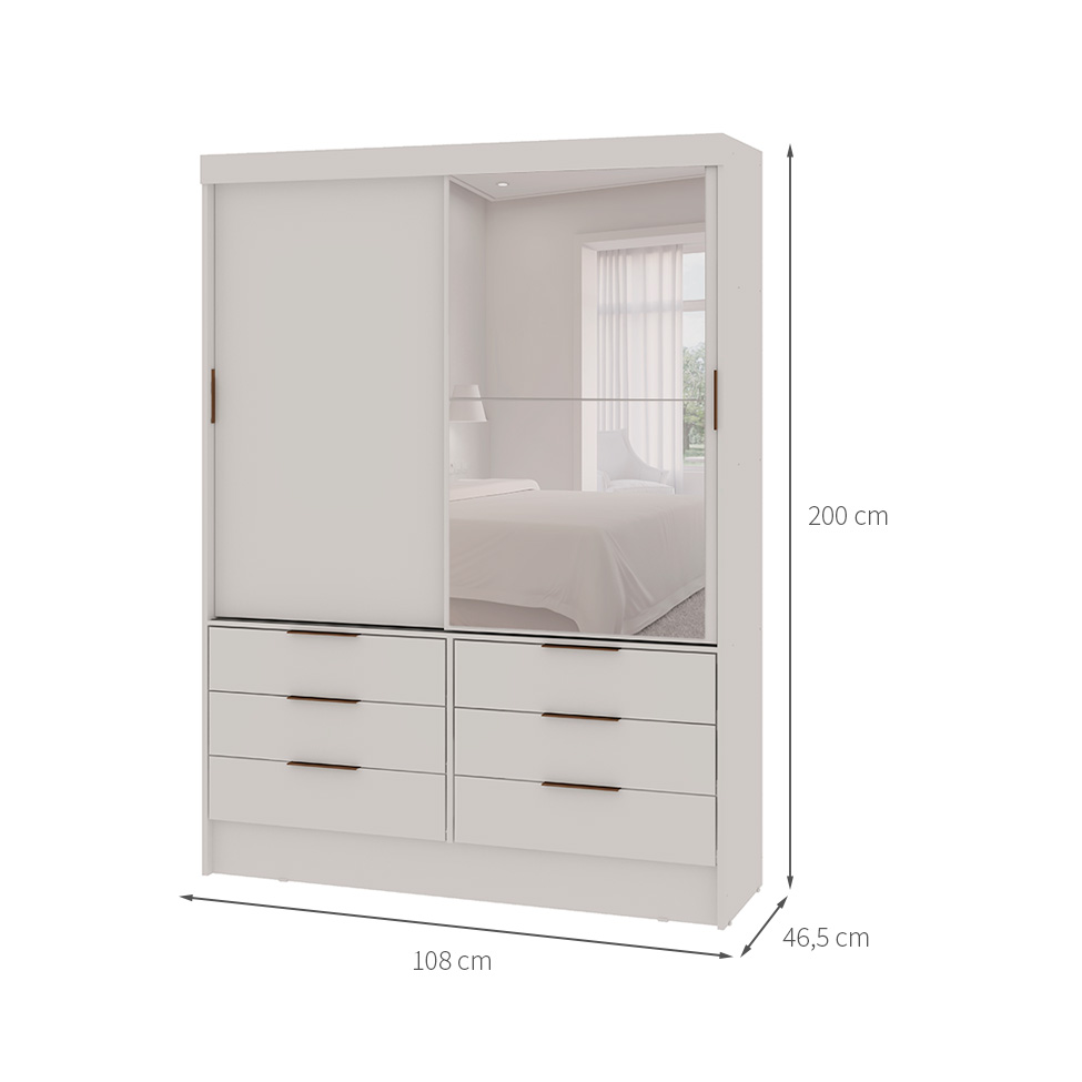 Guarda-Roupa Solteiro com Espelho Irati 2 Portas 6 Gavetas Branco