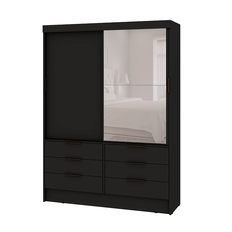 Guarda-Roupa Solteiro com Espelho Irati 2 Portas 6 Gavetas Preto