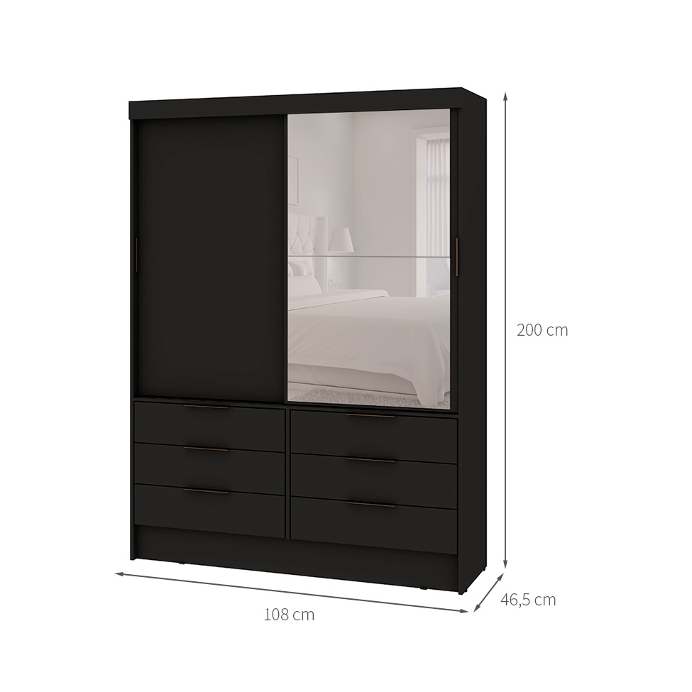 Guarda-Roupa Solteiro com Espelho Irati 2 Portas 6 Gavetas Preto