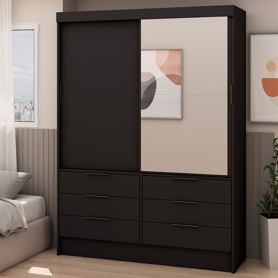 Guarda-Roupa Solteiro com Espelho Irati 2 Portas 6 Gavetas Preto