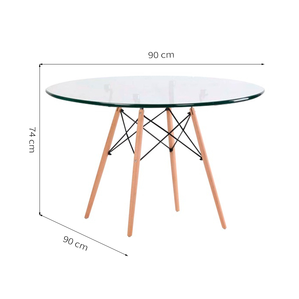 Mesa de Cozinha Redonda com Tampo de Vidro Well Incolor e Natural 90 cm