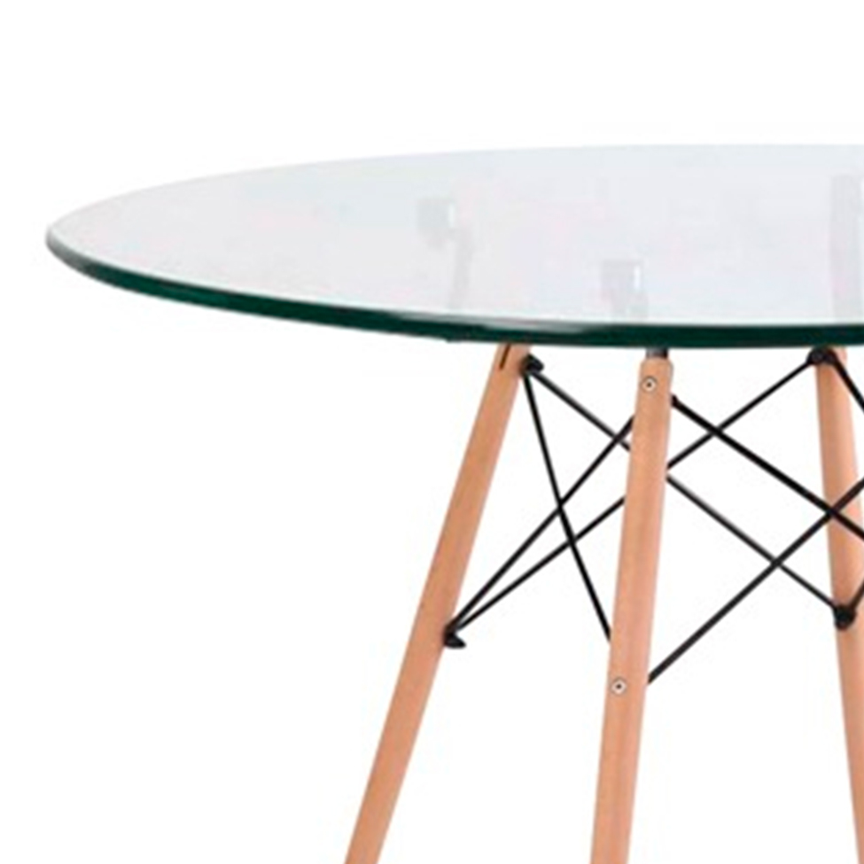 Mesa de Cozinha Redonda com Tampo de Vidro Well Incolor e Natural 90 cm