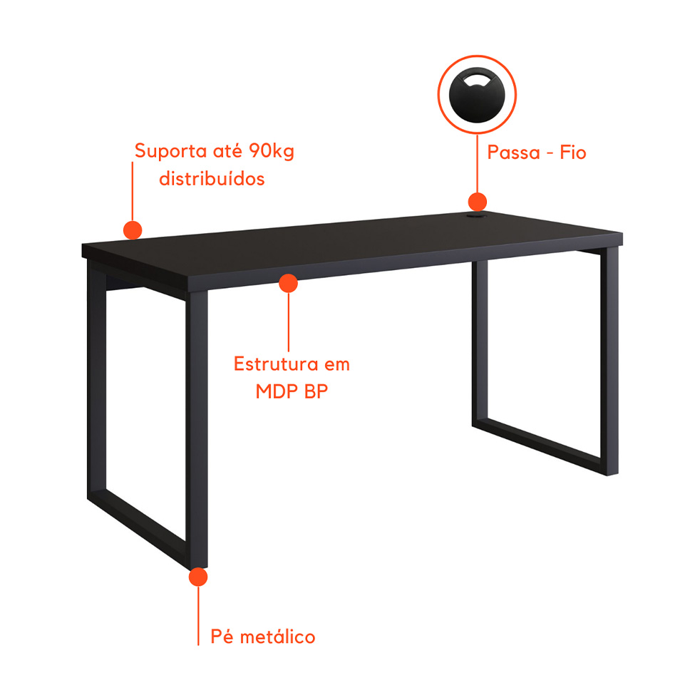Mesa de Escritório Miguel Preta 190 cm