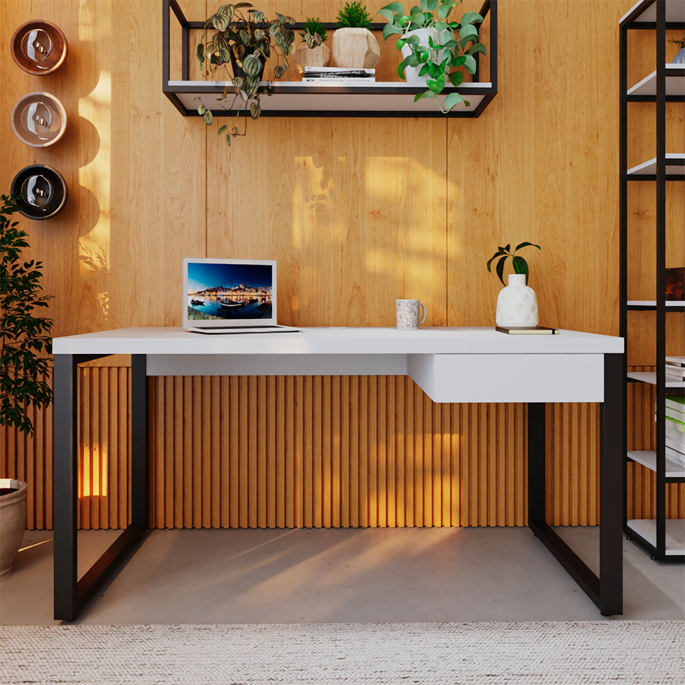 Mesa de Escritório Retangular Miguel 1 GV Branca e Preta 150 cm