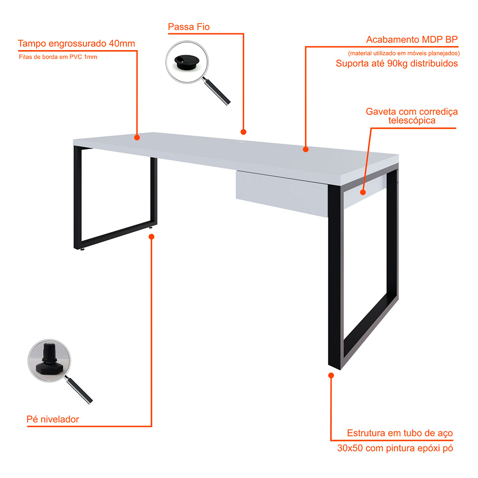 Mesa de Escritório Retangular Miguel 1 GV Branca e Preta 190 cm