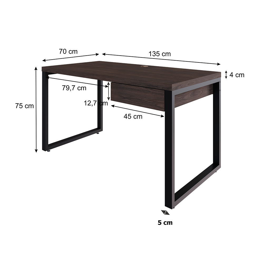 Mesa de Escritório Retangular Miguel 1 GV Marrom Escuro e Preta 135 cm