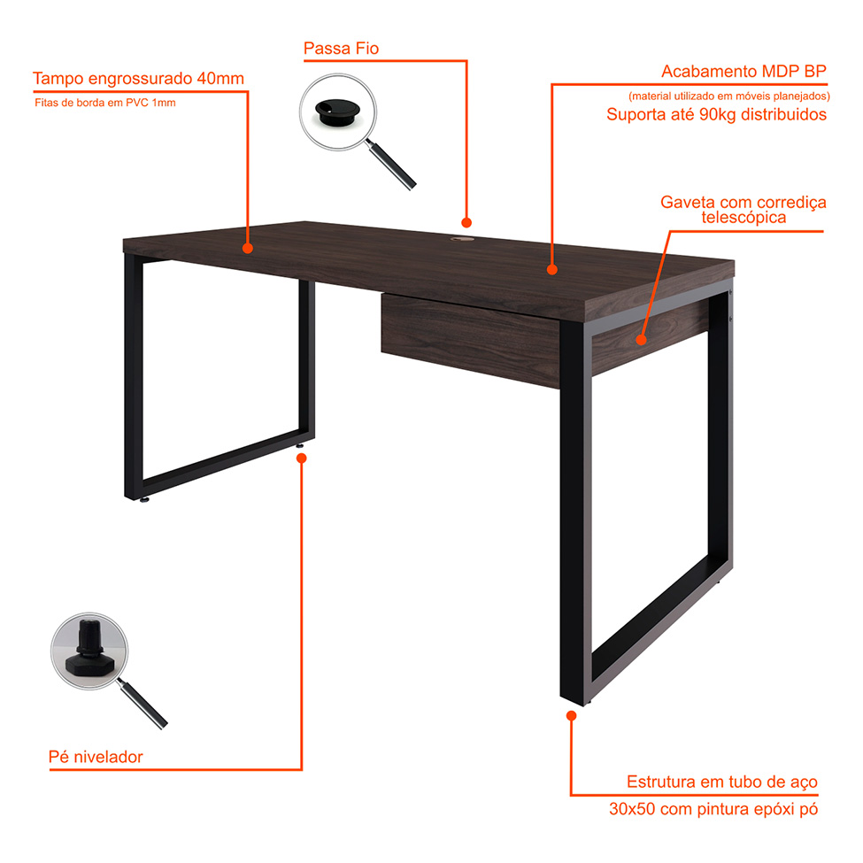 Mesa de Escritório Retangular Miguel 1 GV Marrom Escuro e Preta 150 cm