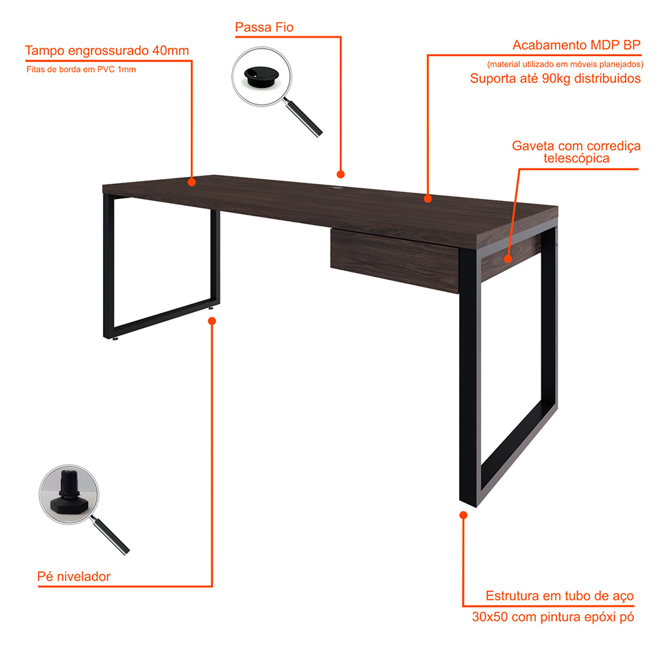 Mesa de Escritório Retangular Miguel 1 GV Marrom Escuro e Preta 190 cm