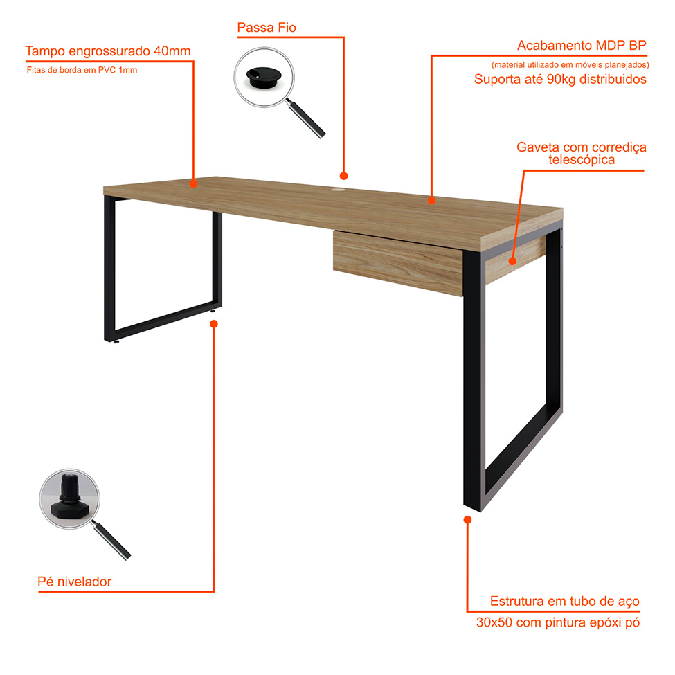 Mesa de Escritório Retangular Miguel 1 GV Vermont e Preta 190 cm
