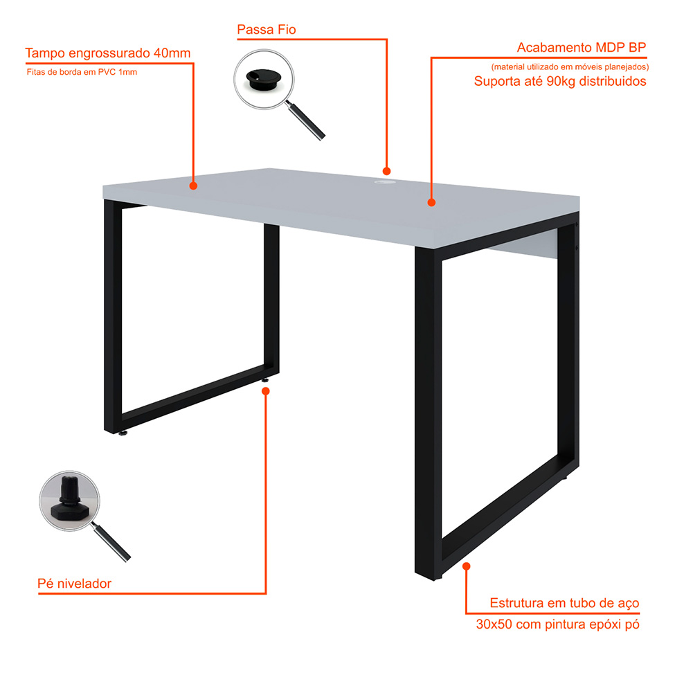 Mesa de Escritório Retangular Miguel Branca e Preta 120 cm