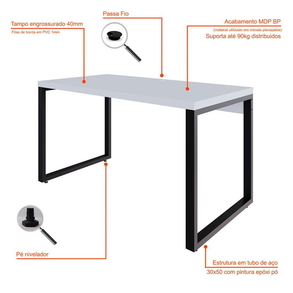 Mesa de Escritório Retangular Miguel Branca e Preta 135 cm