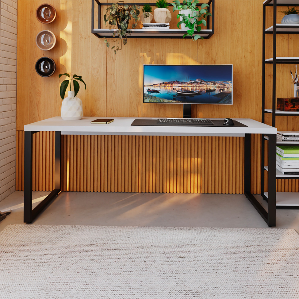 Mesa de Escritório Retangular Miguel Branca e Preta 190 cm