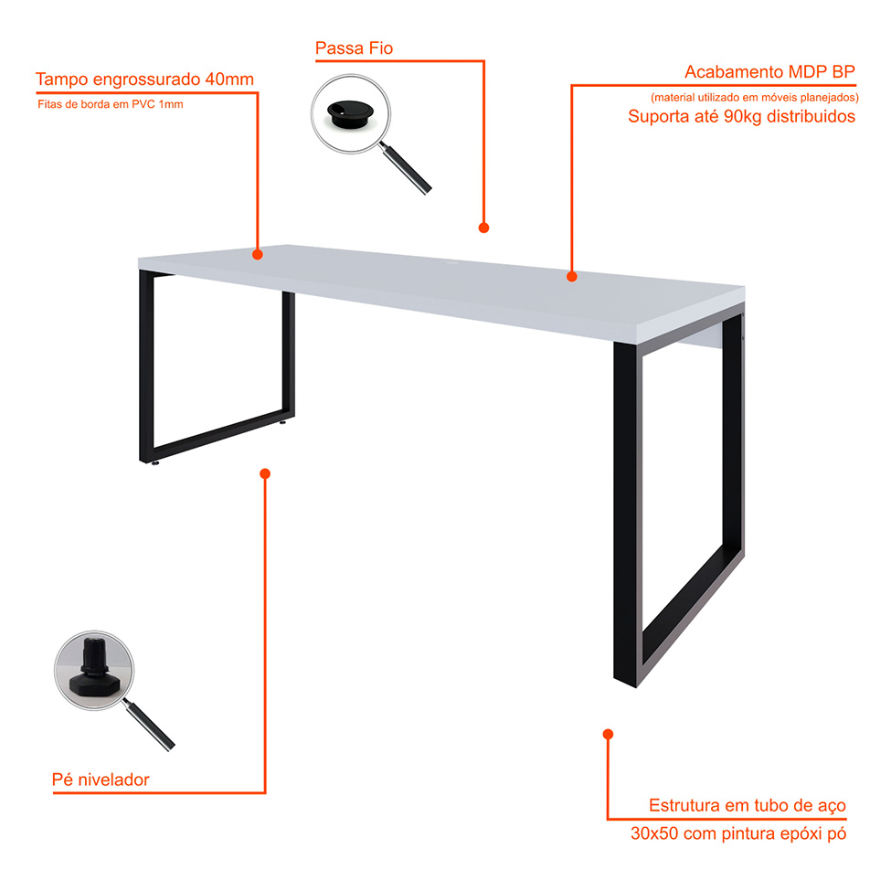 Mesa de Escritório Retangular Miguel Branca e Preta 190 cm