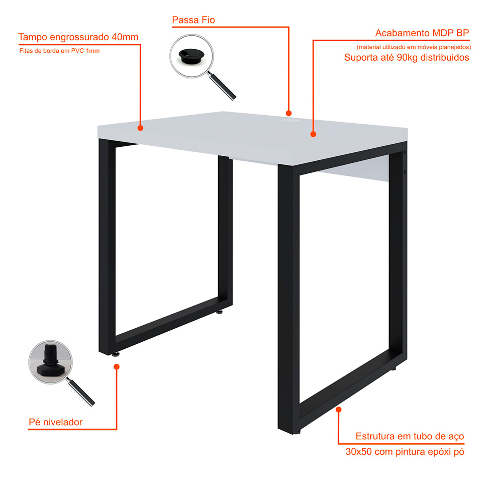 Mesa de Escritório Retangular Miguel Branca e Preta 80 cm