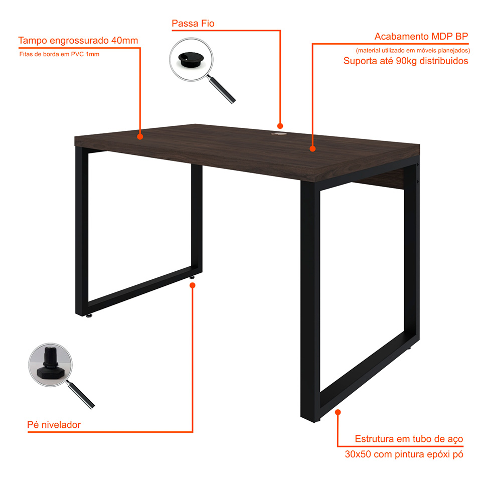 Mesa de Escritório Retangular Miguel Marrom Escuro e Preta 120 cm