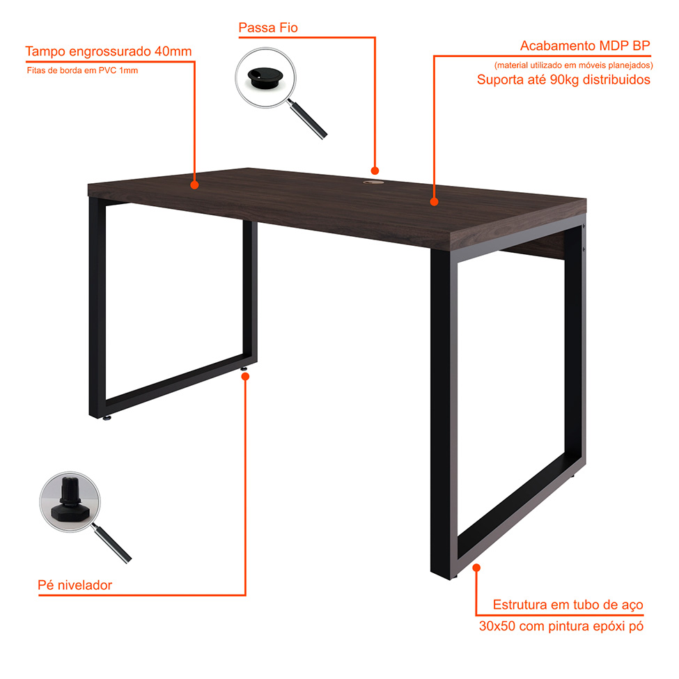 Mesa de Escritório Retangular Miguel Marrom Escuro e Preta 135 cm