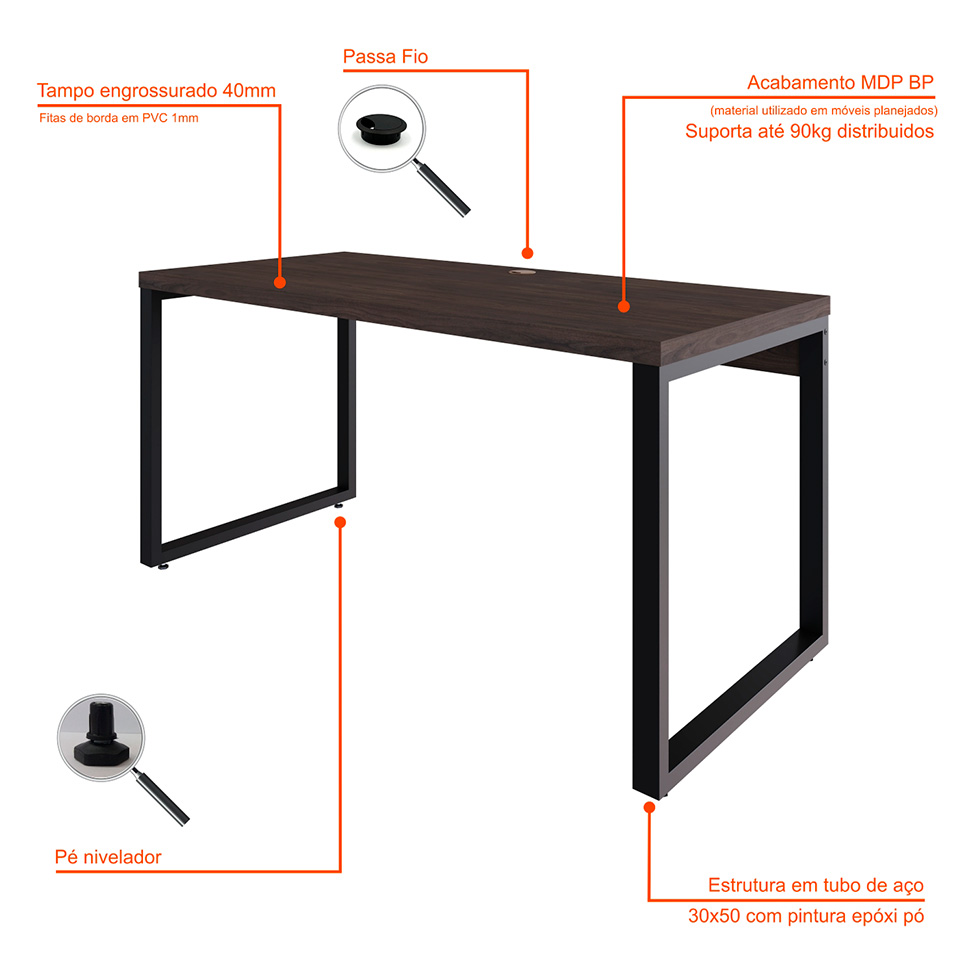 Mesa de Escritório Retangular Miguel Marrom Escuro e Preta 150 cm