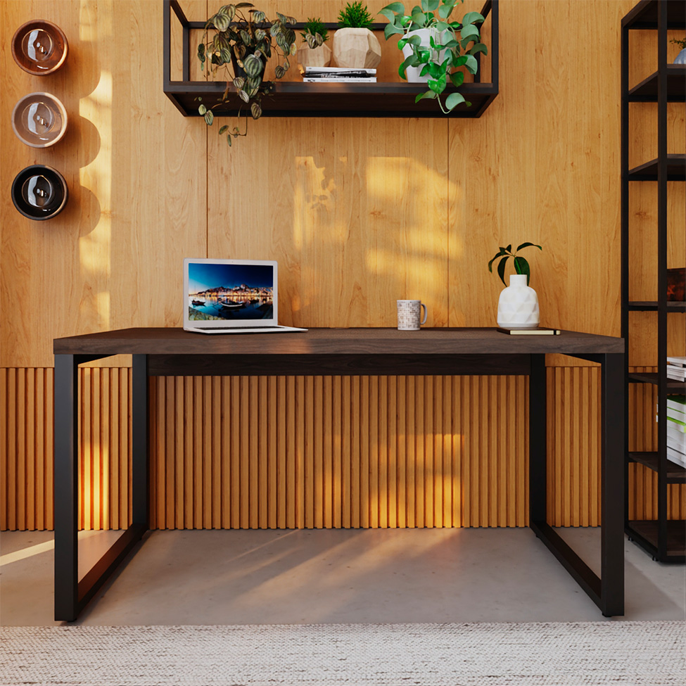 Mesa de Escritório Retangular Miguel Marrom Escuro e Preta 150 cm