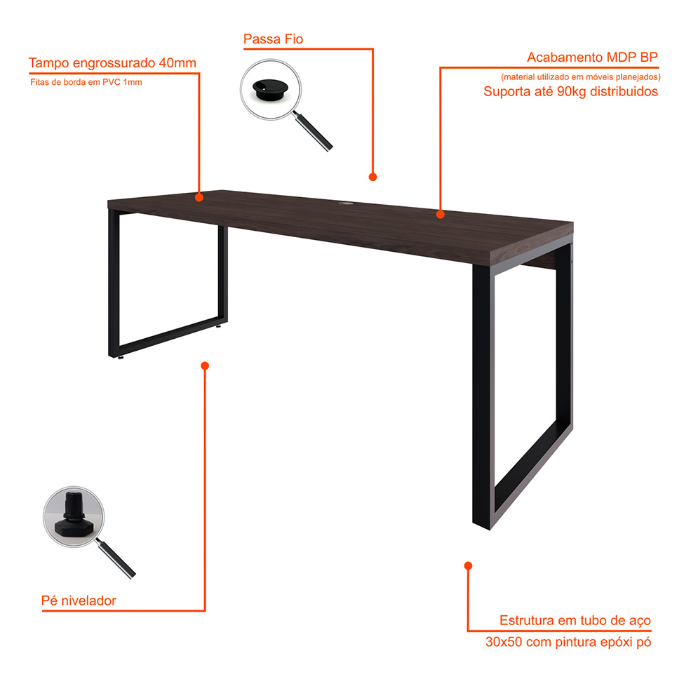 Mesa de Escritório Retangular Miguel Marrom Escuro e Preta 190 cm