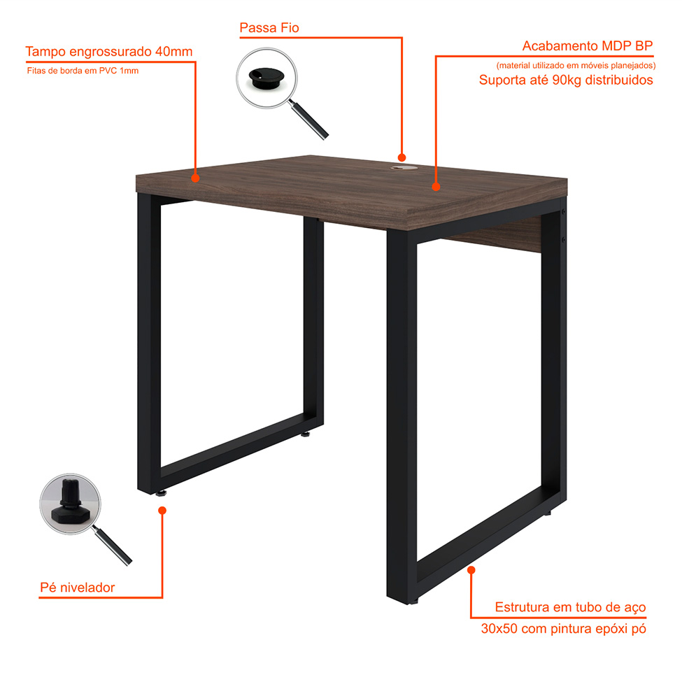 Mesa de Escritório Retangular Miguel Marrom Escuro e Preta 80 cm