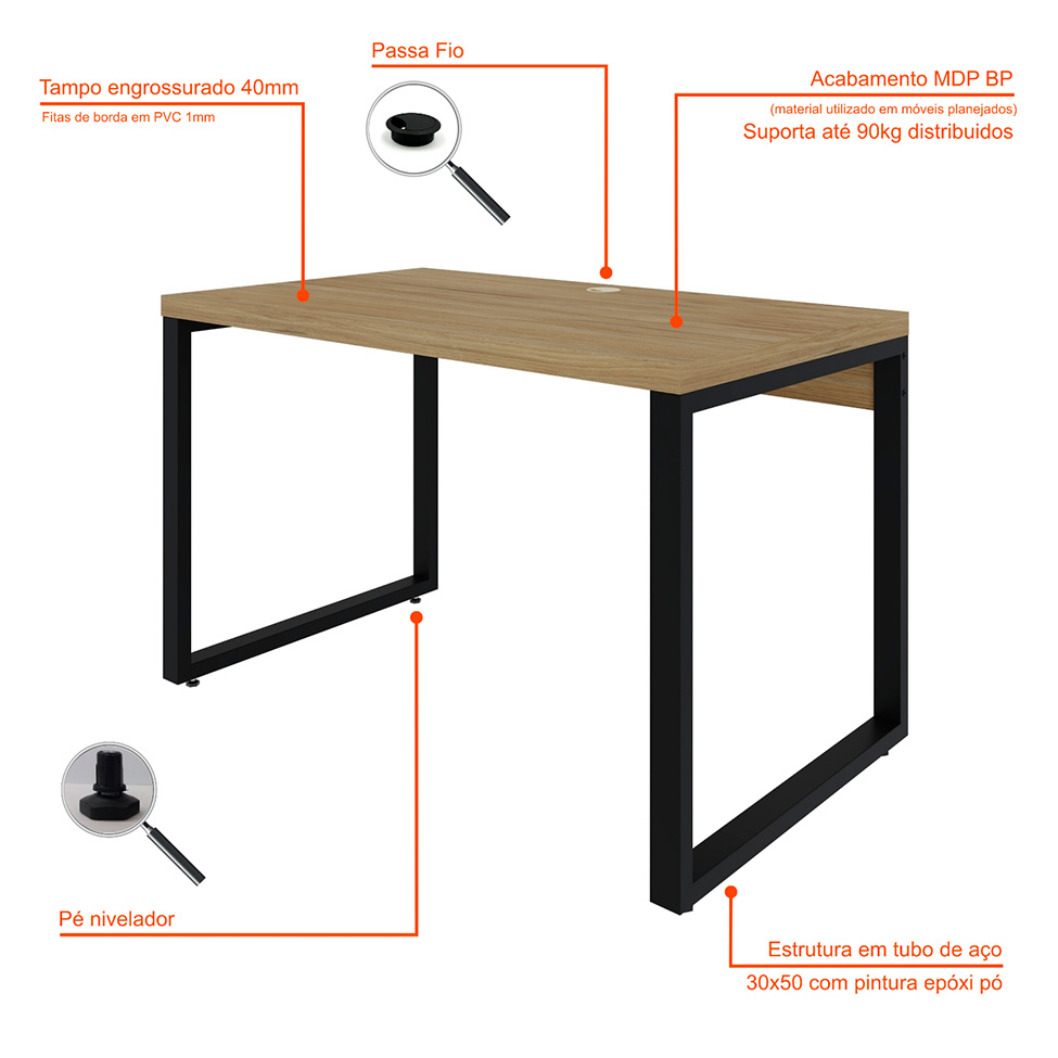 Mesa de Escritório Retangular Miguel Vermont e Preta 120 cm