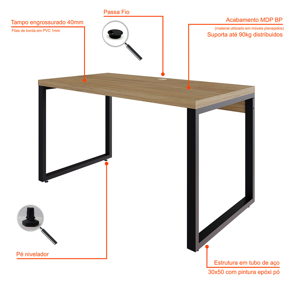 Mesa de Escritório Retangular Miguel Vermont e Preta 135 cm