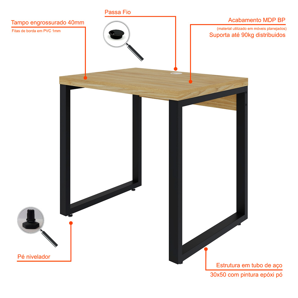 Mesa de Escritório Retangular Miguel Vermont e Preta 80 cm