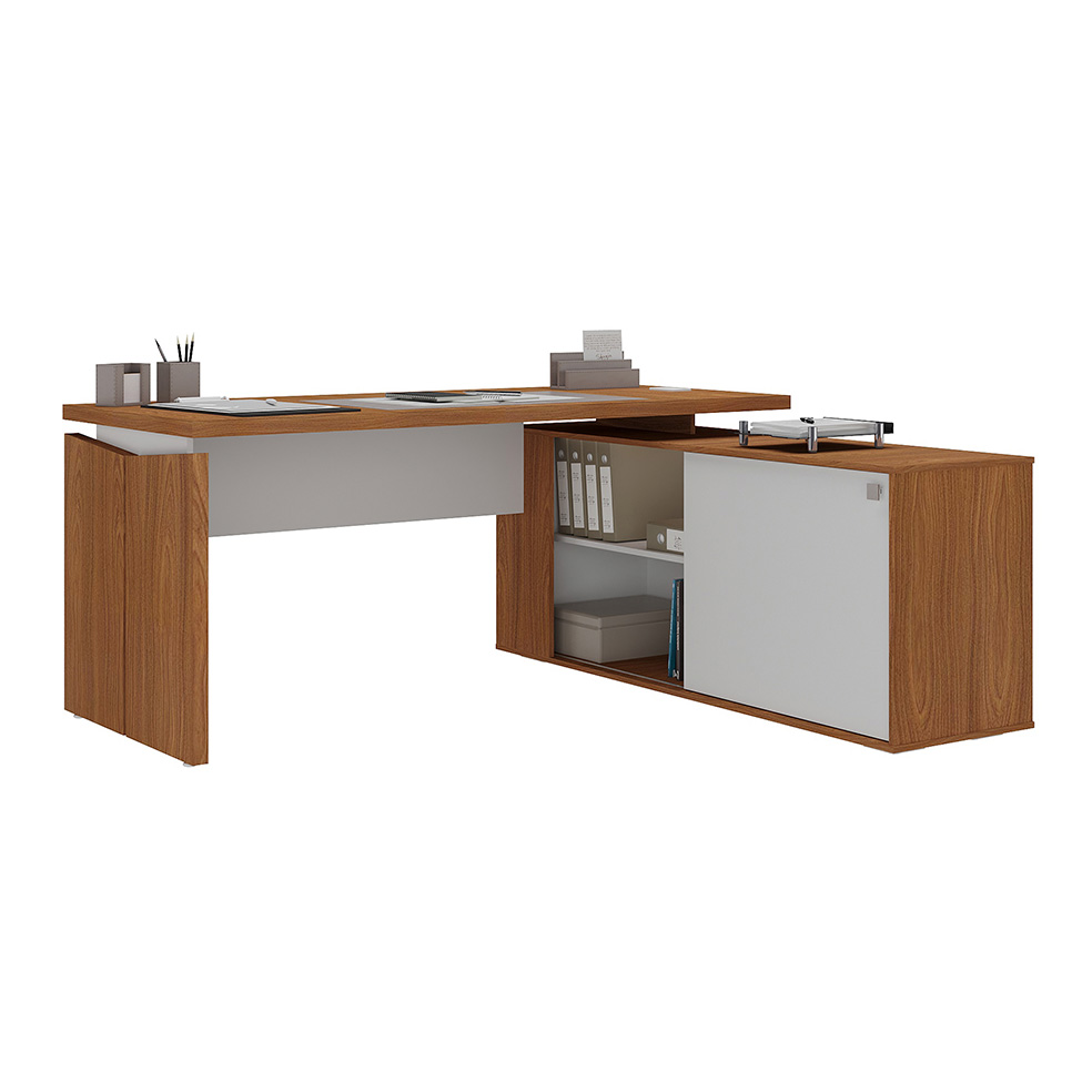 Mesa de Escritório em L Connect II 1 PT Freijó e Branca