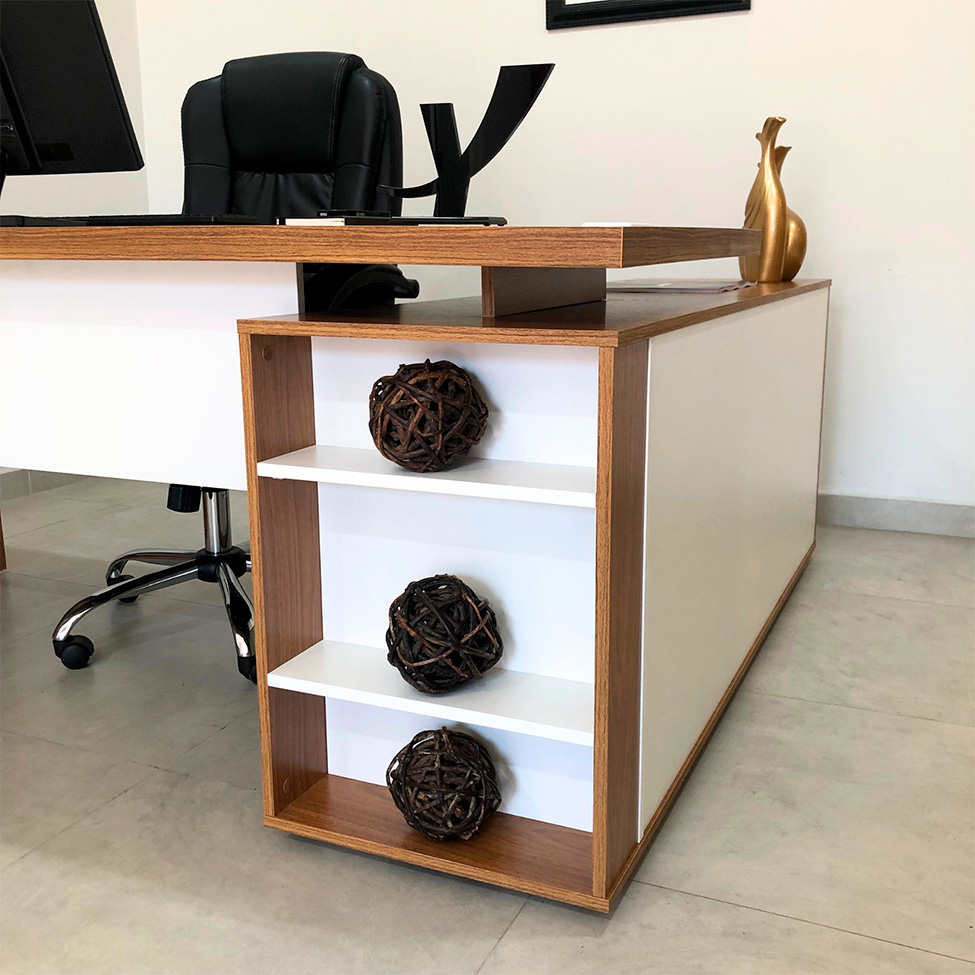 Mesa de Escritório em L Connect II 1 PT Freijó e Branca