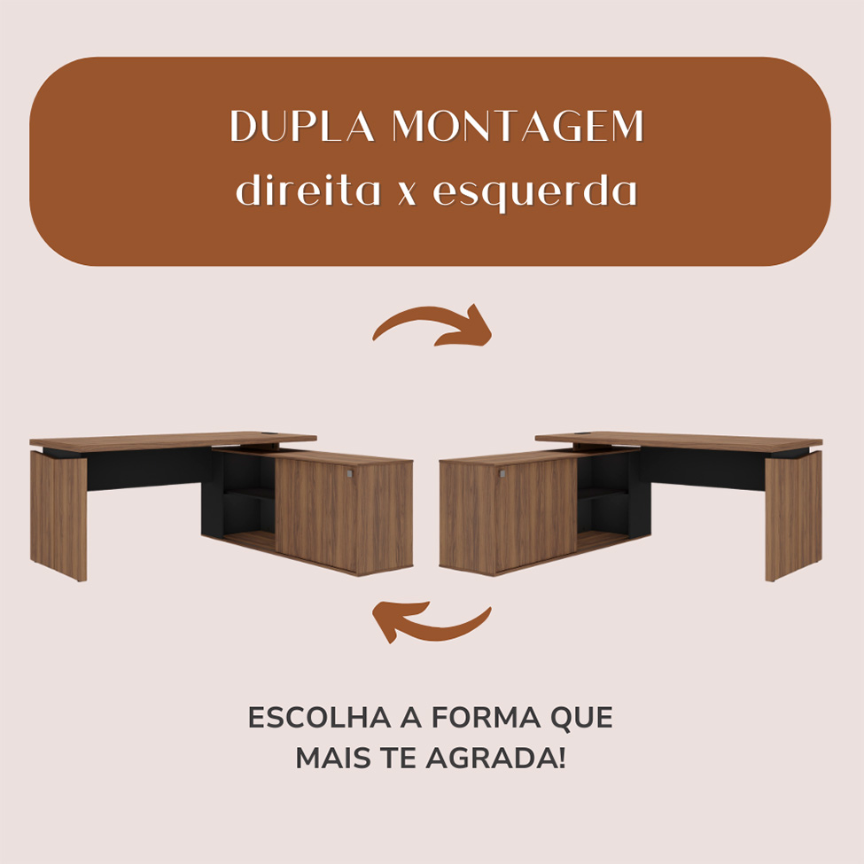 Mesa de Escritório em L Connect II 1 PT Nogal e Preta