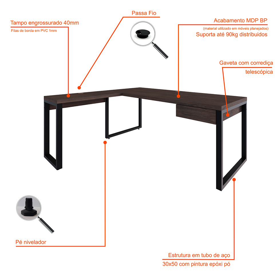 Mesa de Escritório em L Miguel 1 GV Marrom Escuro e Preta 190x150 cm