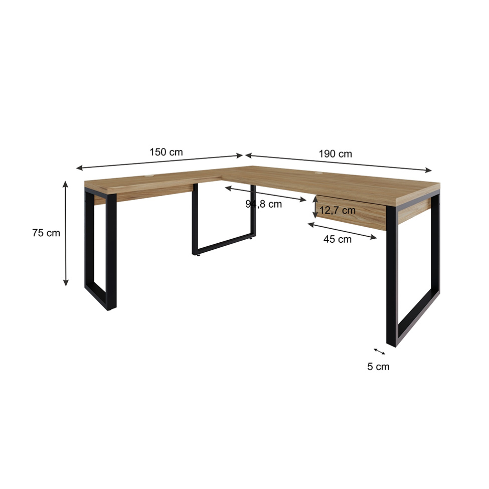 Mesa de Escritório em L Miguel 1 GV Vermont e Preta 190x150 cm