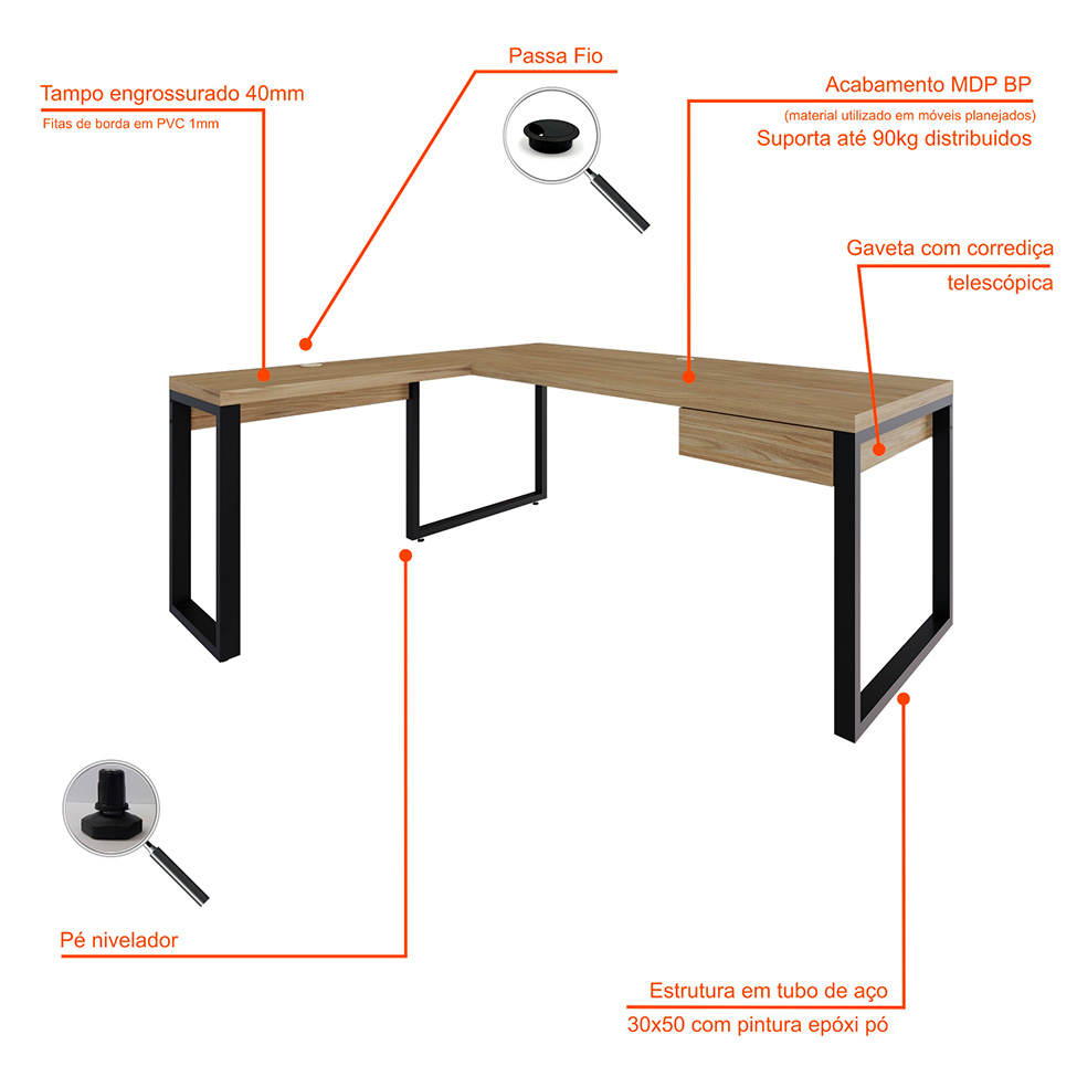Mesa de Escritório em L Miguel 1 GV Vermont e Preta 190x150 cm