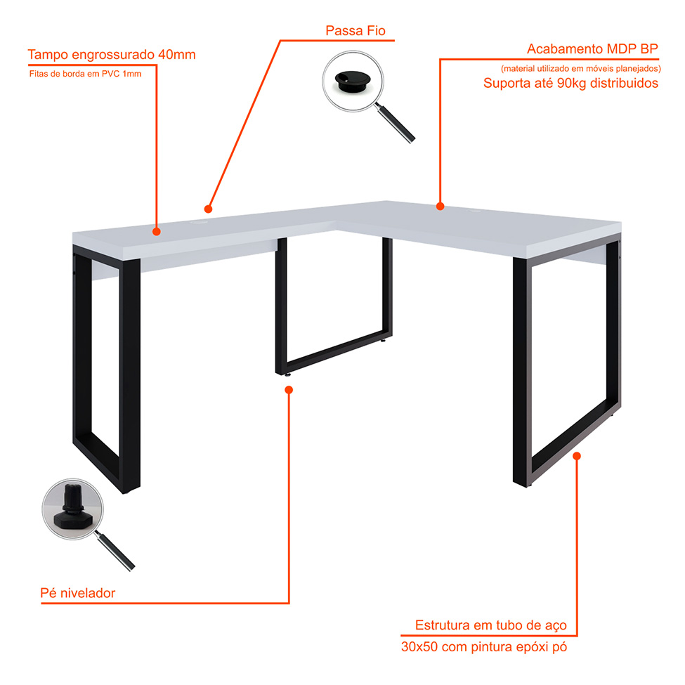 Mesa de Escritório em L Miguel Branca e Preta 135x150 cm