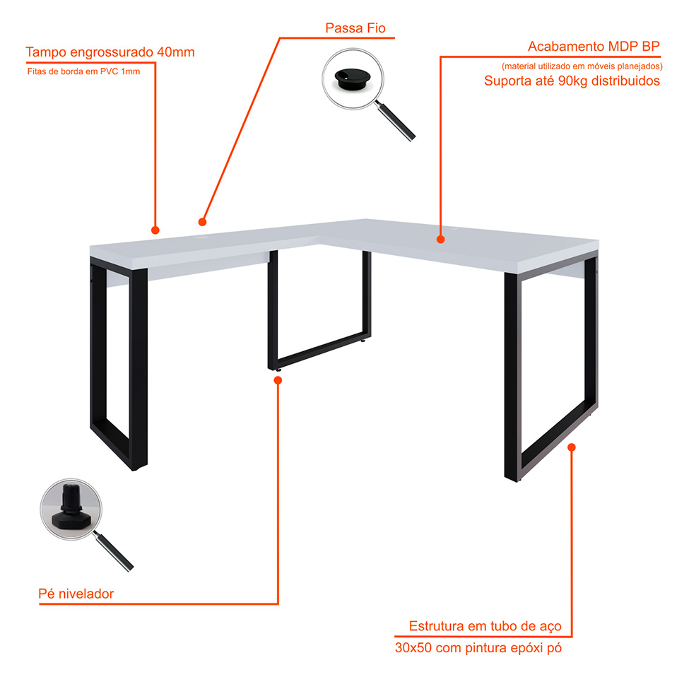 Mesa de Escritório em L Miguel Branca e Preta 150x150 cm