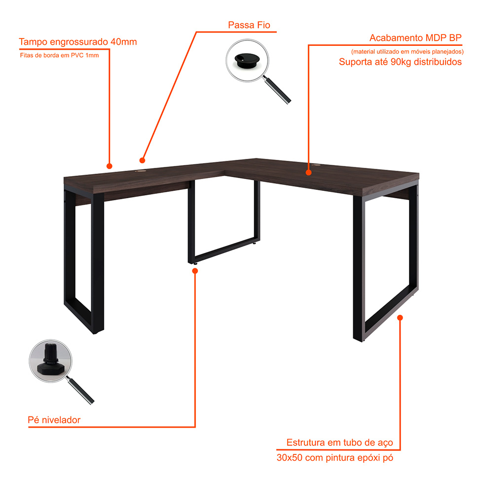Mesa de Escritório em L Miguel Marrom Escuro e Preta 150x150 cm