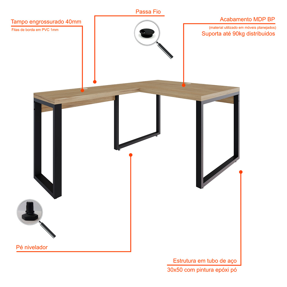 Mesa de Escritório em L Miguel Vermont e Preta 120x150 cm