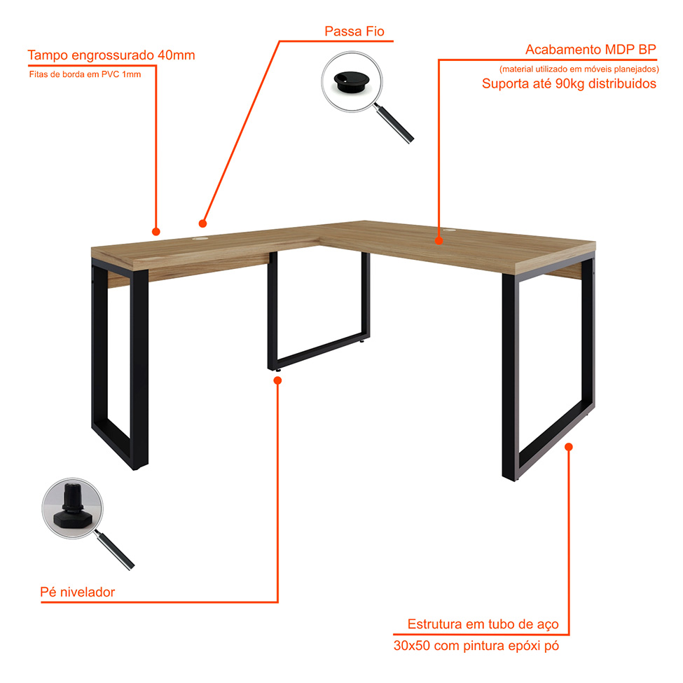 Mesa de Escritório em L Miguel Vermont e Preta 150x150 cm