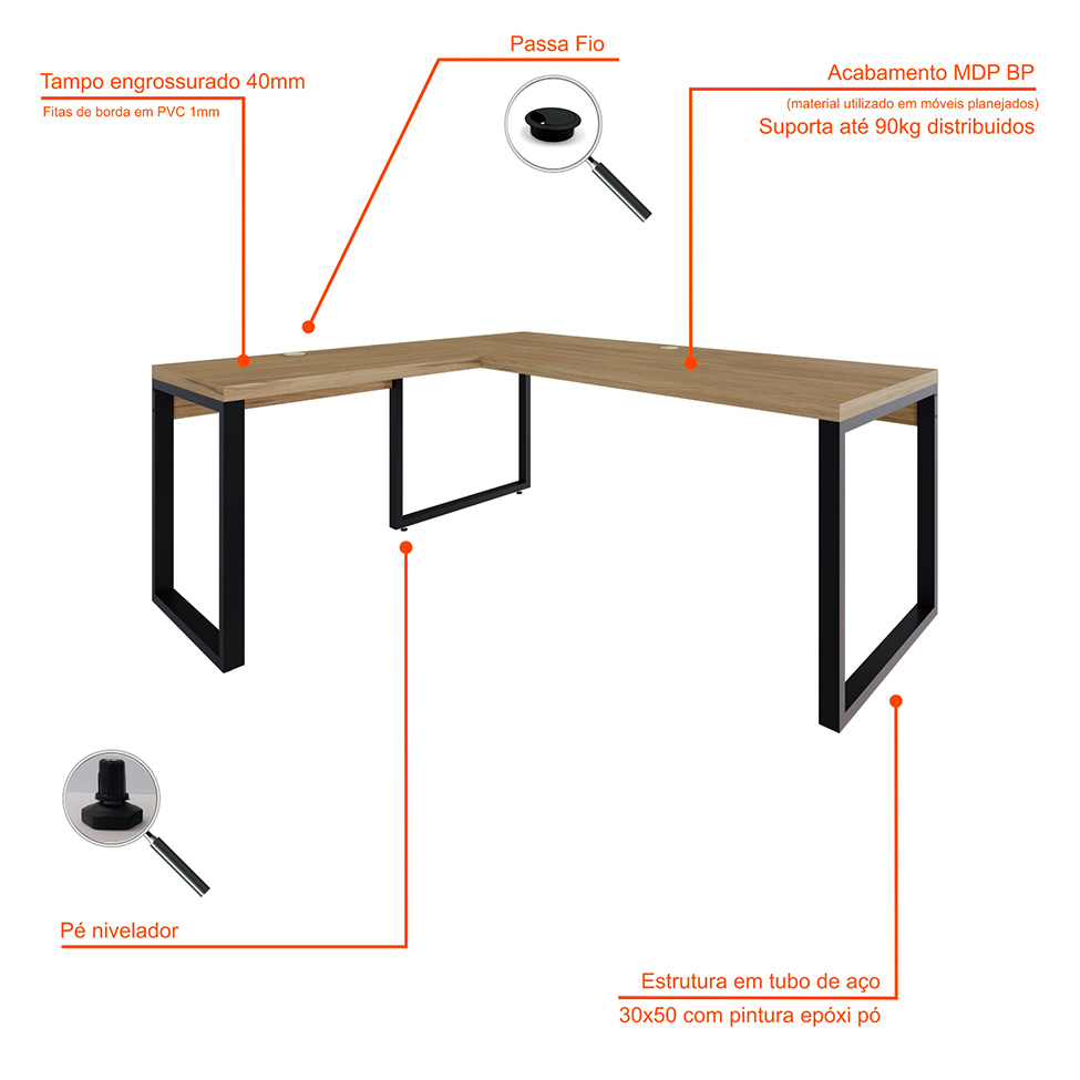 Mesa de Escritório em L Miguel Vermont e Preta 190x150 cm