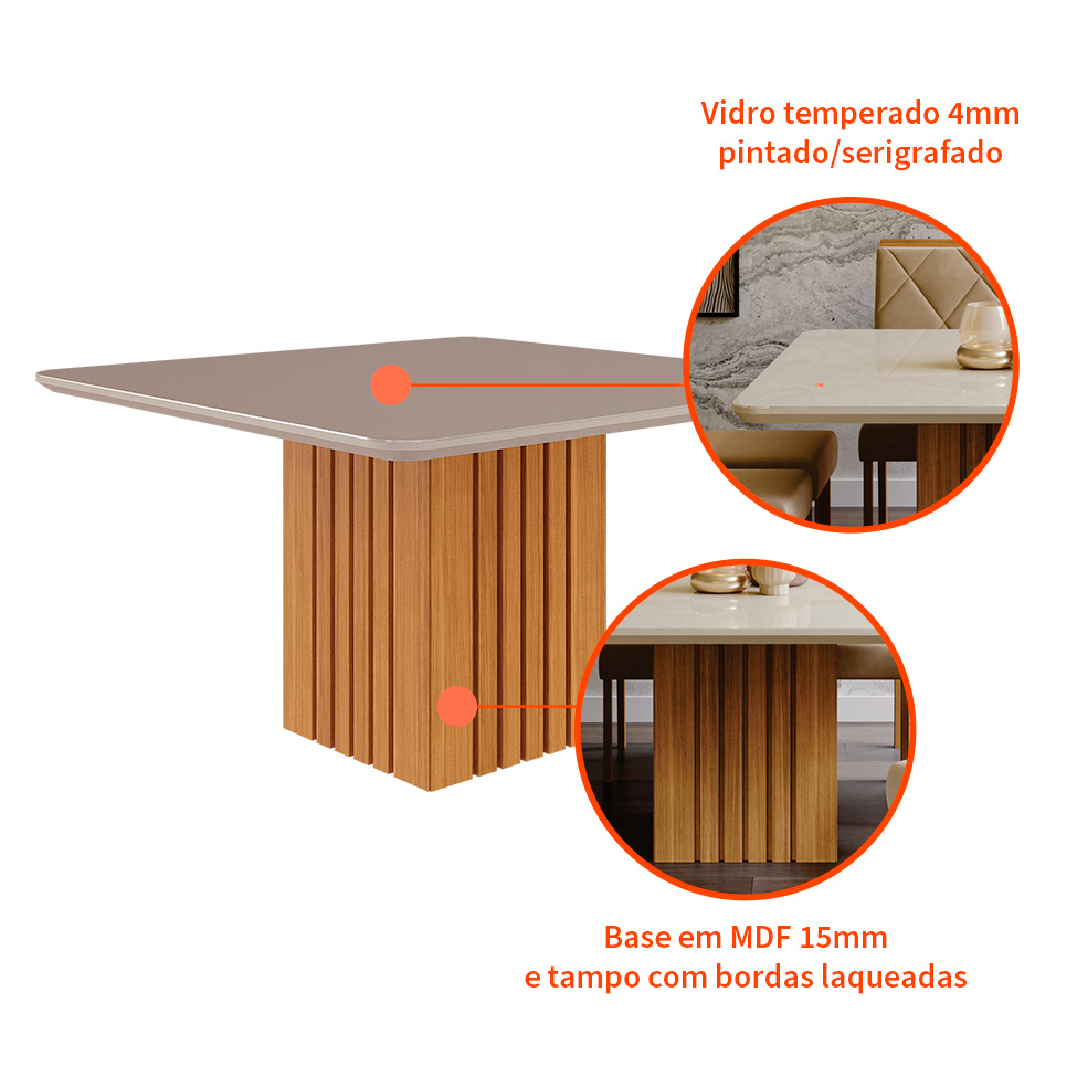 Mesa de Jantar Quadrada com Tampo de Vidro Ana Off White e Nature 130 cm