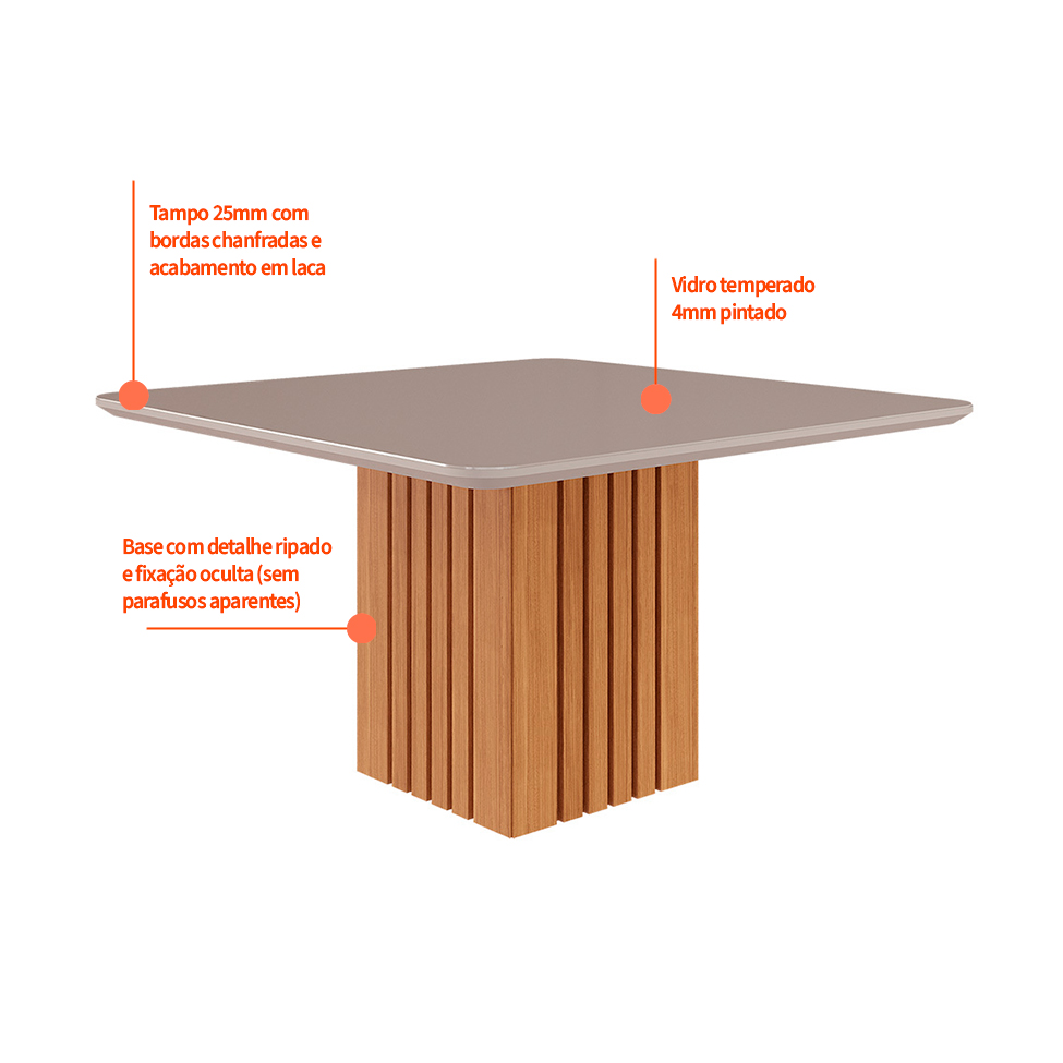 Mesa de Jantar Quadrada com Tampo de Vidro Ana Off White e Nature 130 cm