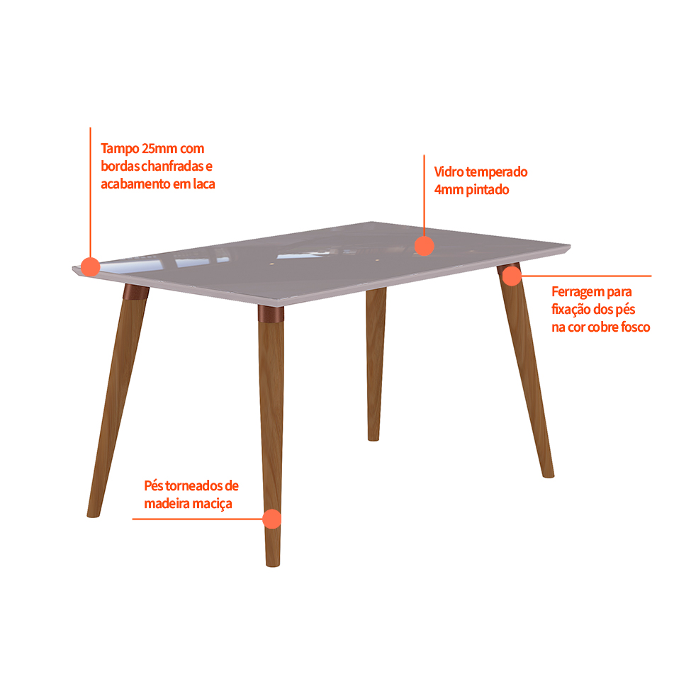 Mesa de Jantar Retangular Adele com Vidro Madeira e Off White 80 cm
